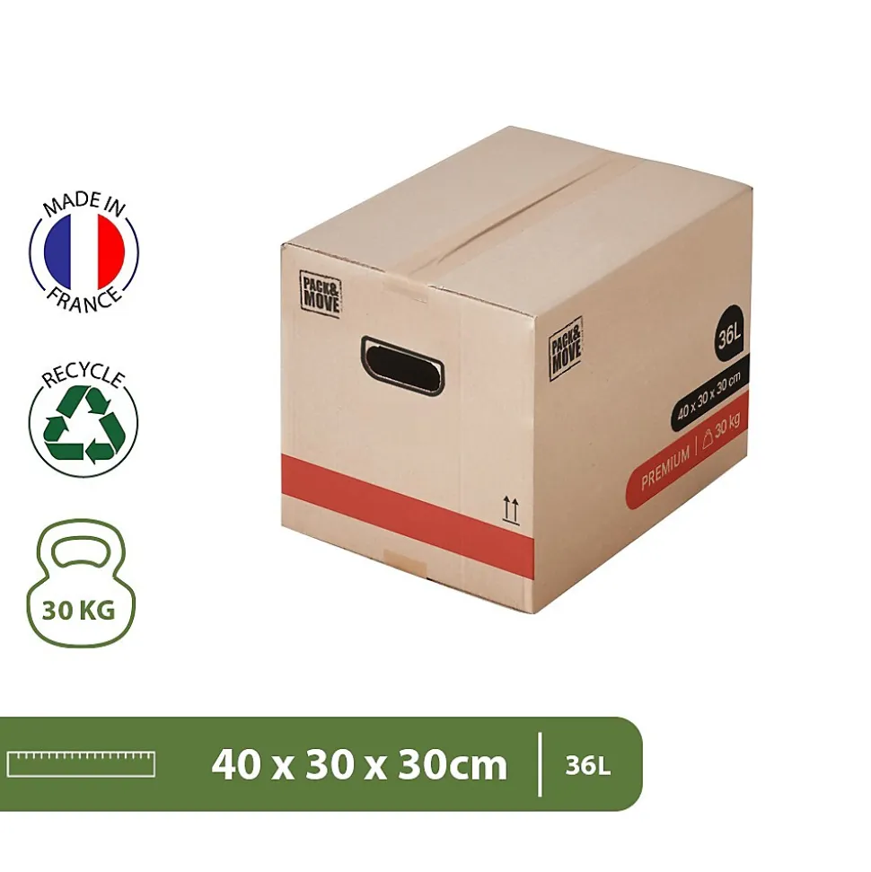 Lot 50 Cartons Déménagement Livres Premium - 40 X 30 X 30 Cm - Extrême Résistance 20 KG - Poignées Renforcées - 3 Adhésifs Offerts