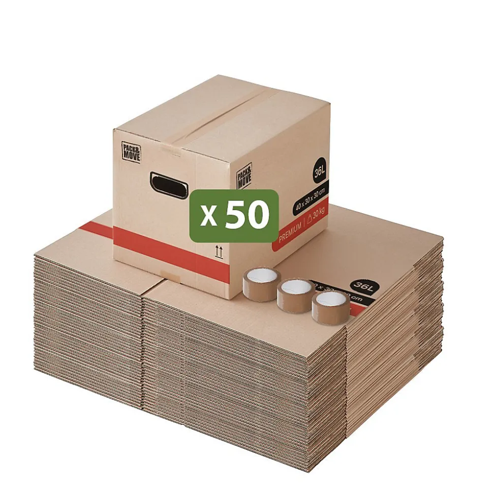 Lot 50 Cartons Déménagement Livres Premium - 40 X 30 X 30 Cm - Extrême Résistance 20 KG - Poignées Renforcées - 3 Adhésifs Offerts