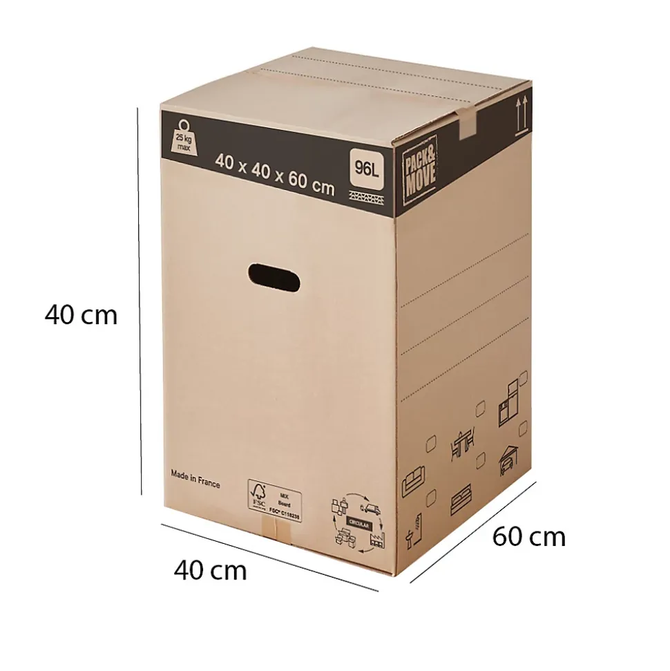 Lot 60 cartons déménagement L haut - 40 x 40 x 60 cm - Poignées renforcées - 3 adhésifs offerts
