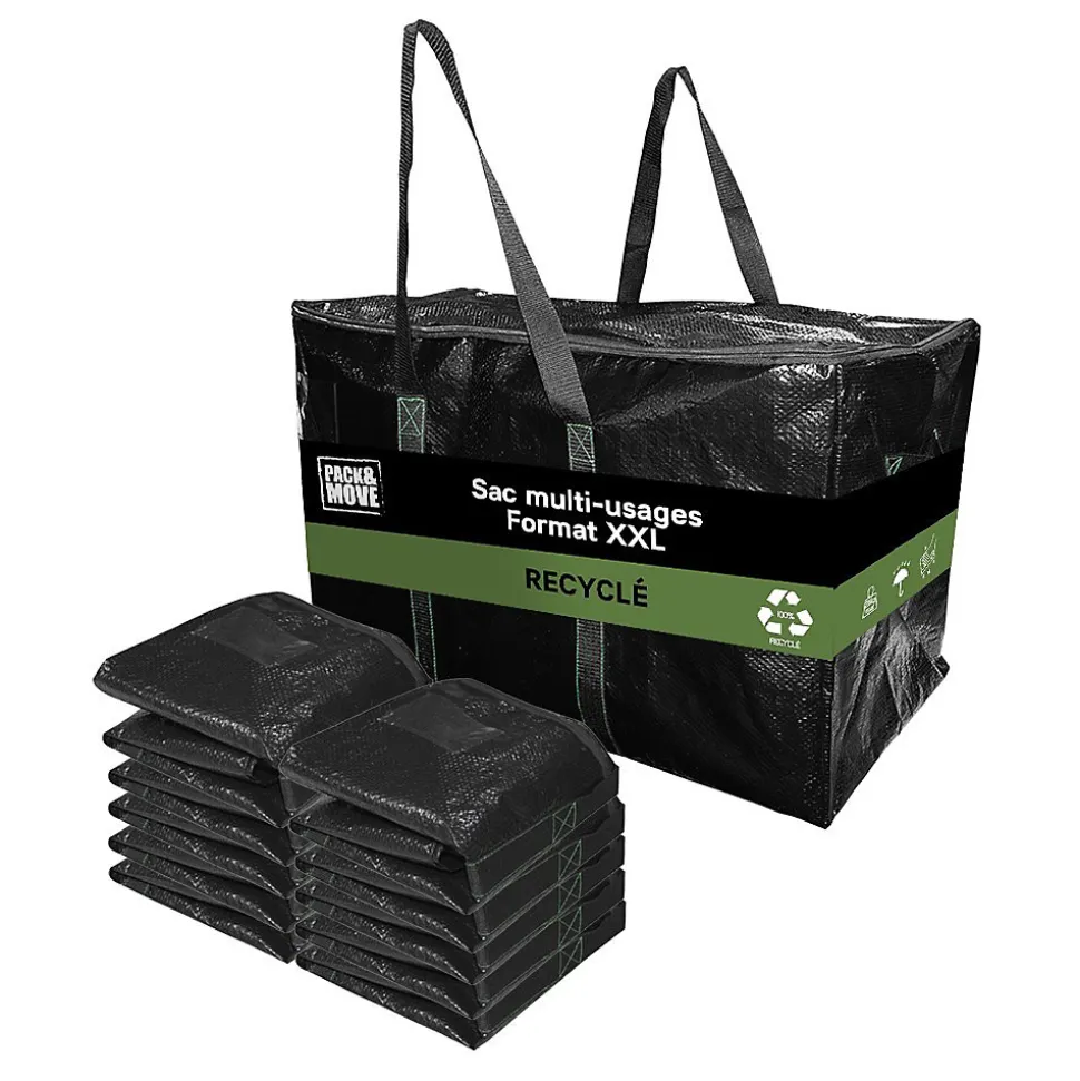 Lot 10 Grands Sacs Déménagement Recyclé - Rangement Et Transport Ultra Résistant - Réutilisable - Poignées Solides - 100L