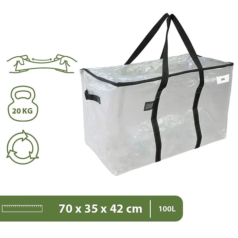 Lot 6 grands sacs déménagement transparent, rangement et transport ultra résistant - Réutilisable - Poignées solides - 100L