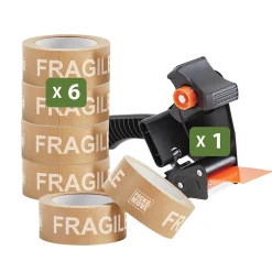 Lot 6 rouleaux ruban adhésif kraft "Fragile" pour emballage et déménagement - 50 m - 1 dévidoir offert - Qualité Premium