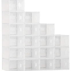 Lot de 18 boites cubes rangement à chaussures modulable avec portes transparentes - dim. 25L x 35l x 19H cm - PP blanc transparent