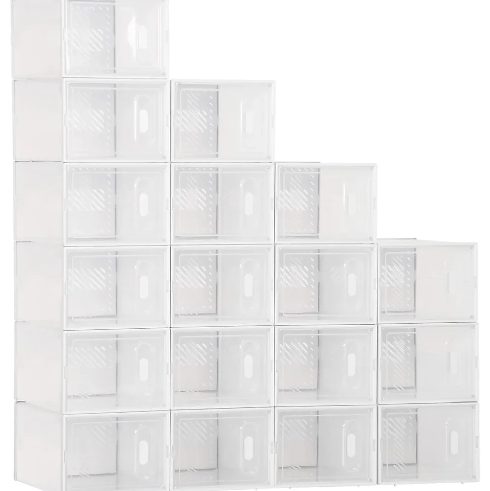 Lot de 18 boites cubes rangement à chaussures modulable avec portes transparentes - dim. 25L x 35l x 19H cm - PP blanc transparent