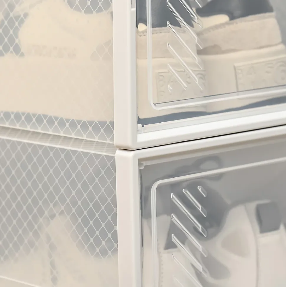 Lot de 18 boites cubes rangement à chaussures modulable avec portes transparentes - dim. 25L x 35l x 19H cm - PP blanc transparent