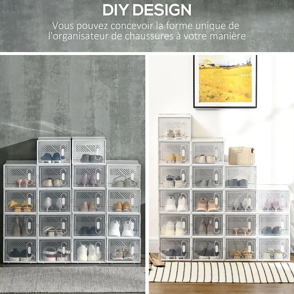 Lot de 18 boites cubes rangement à chaussures modulable avec portes transparentes - dim. 25L x 35l x 19H cm - PP blanc transparent