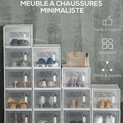 Lot de 18 boites cubes rangement à chaussures modulable avec portes transparentes - dim. 25L x 35l x 19H cm - PP blanc transparent