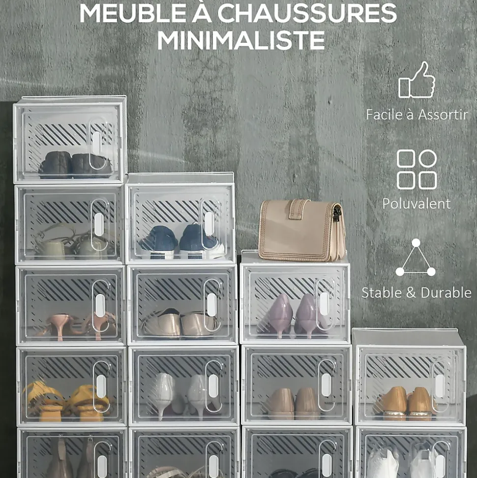 Lot de 18 boites cubes rangement à chaussures modulable avec portes transparentes - dim. 25L x 35l x 19H cm - PP blanc transparent