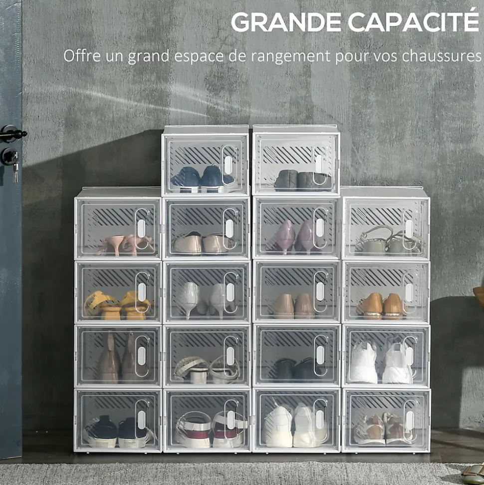 Lot de 18 boites cubes rangement à chaussures modulable avec portes transparentes - dim. 25L x 35l x 19H cm - PP blanc transparent