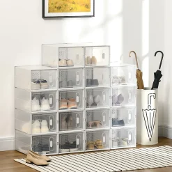 Lot de 18 boites cubes rangement à chaussures modulable avec portes transparentes - dim. 25L x 35l x 19H cm - PP blanc transparent