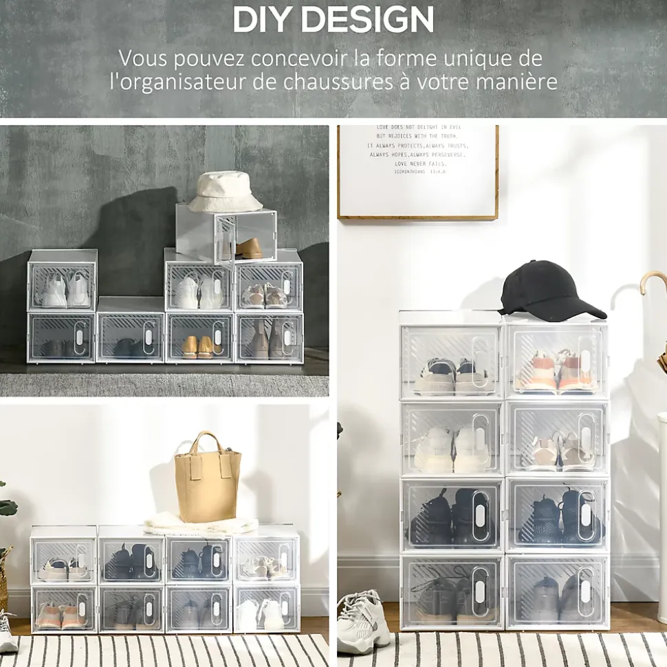 Lot de 8 boites cubes rangement à chaussures modulable avec portes transparentes - dim. 25L x 35l x 19H cm - PP blanc transparent