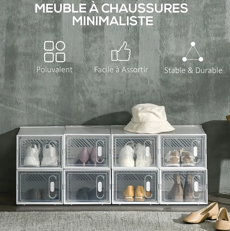 Lot de 8 boites cubes rangement à chaussures modulable avec portes transparentes - dim. 25L x 35l x 19H cm - PP blanc transparent