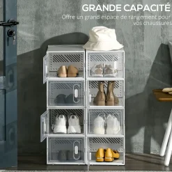 Lot de 8 boites cubes rangement à chaussures modulable avec portes transparentes - dim. 25L x 35l x 19H cm - PP blanc transparent