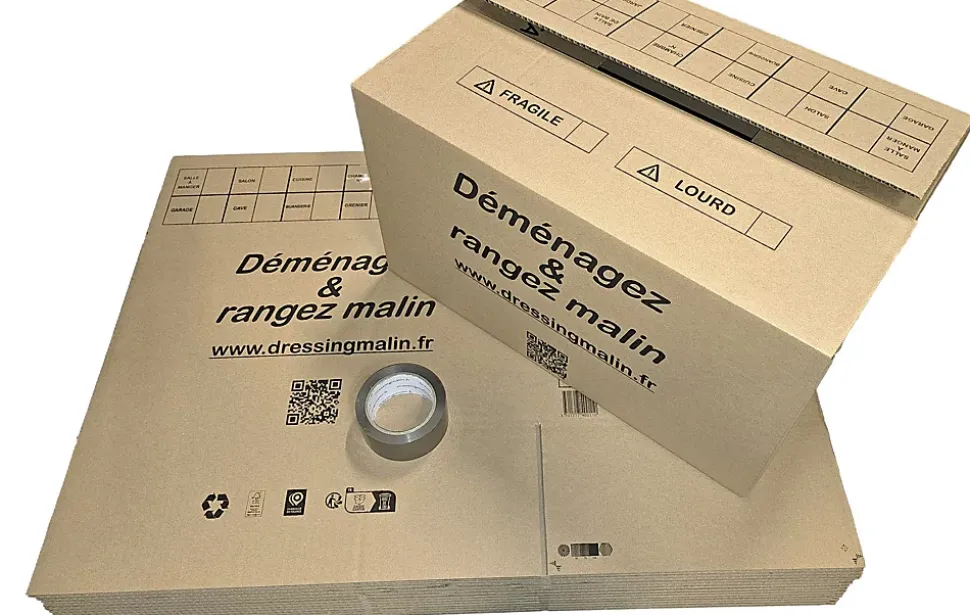 lot de 20 cartons de demenagement 55x35x30 cm rouleau adhesif havane