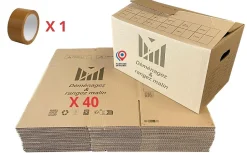 lot de 40 cartons 50x30x30 cm poignees renforcees double epaisseur 1 rouleau adhesif 68 m