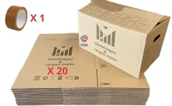 Lot de 20 cartons 50x30x30 cm poignées renforcées double épaisseur + 1 rouleau adhésif 68 m