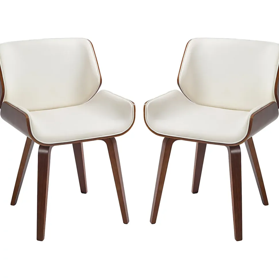 Lot de 2 chaises design vintage piètement châssis bois peuplier aspect noyer revêtement mixte synthétique tissu crème
