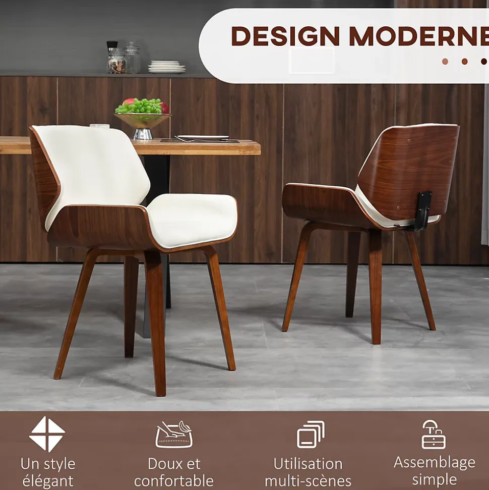 Lot de 2 chaises design vintage piètement châssis bois peuplier aspect noyer revêtement mixte synthétique tissu crème