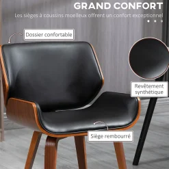 Lot de 2 chaises design vintage piètement châssis bois peuplier aspect noyer revêtement mixte synthétique tissu noir