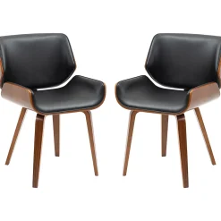 Lot de 2 chaises design vintage piètement châssis bois peuplier aspect noyer revêtement mixte synthétique tissu noir