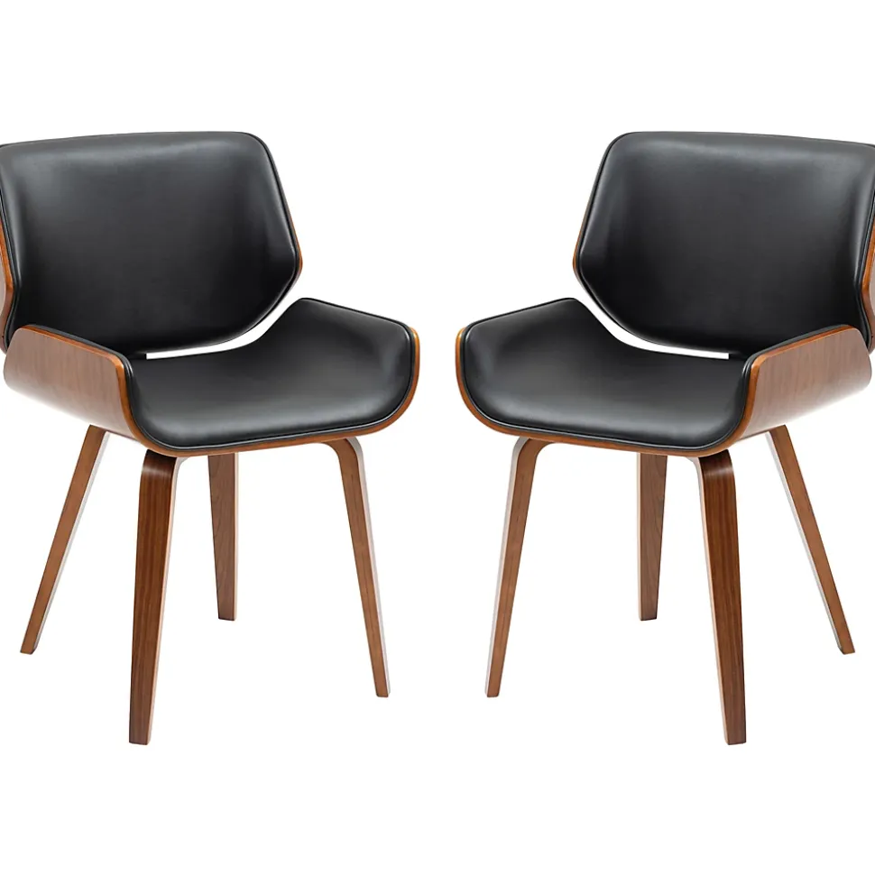 Lot de 2 chaises design vintage piètement châssis bois peuplier aspect noyer revêtement mixte synthétique tissu noir