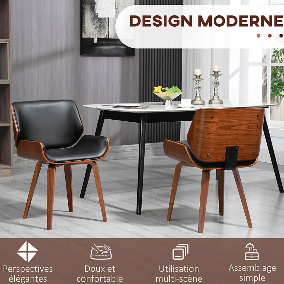 Lot de 2 chaises design vintage piètement châssis bois peuplier aspect noyer revêtement mixte synthétique tissu noir