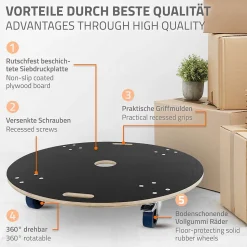 Lot de 2 chariots de transport meuble ECD Germany rond 87 cm avec 2 freins et 4 roues pivotantes
