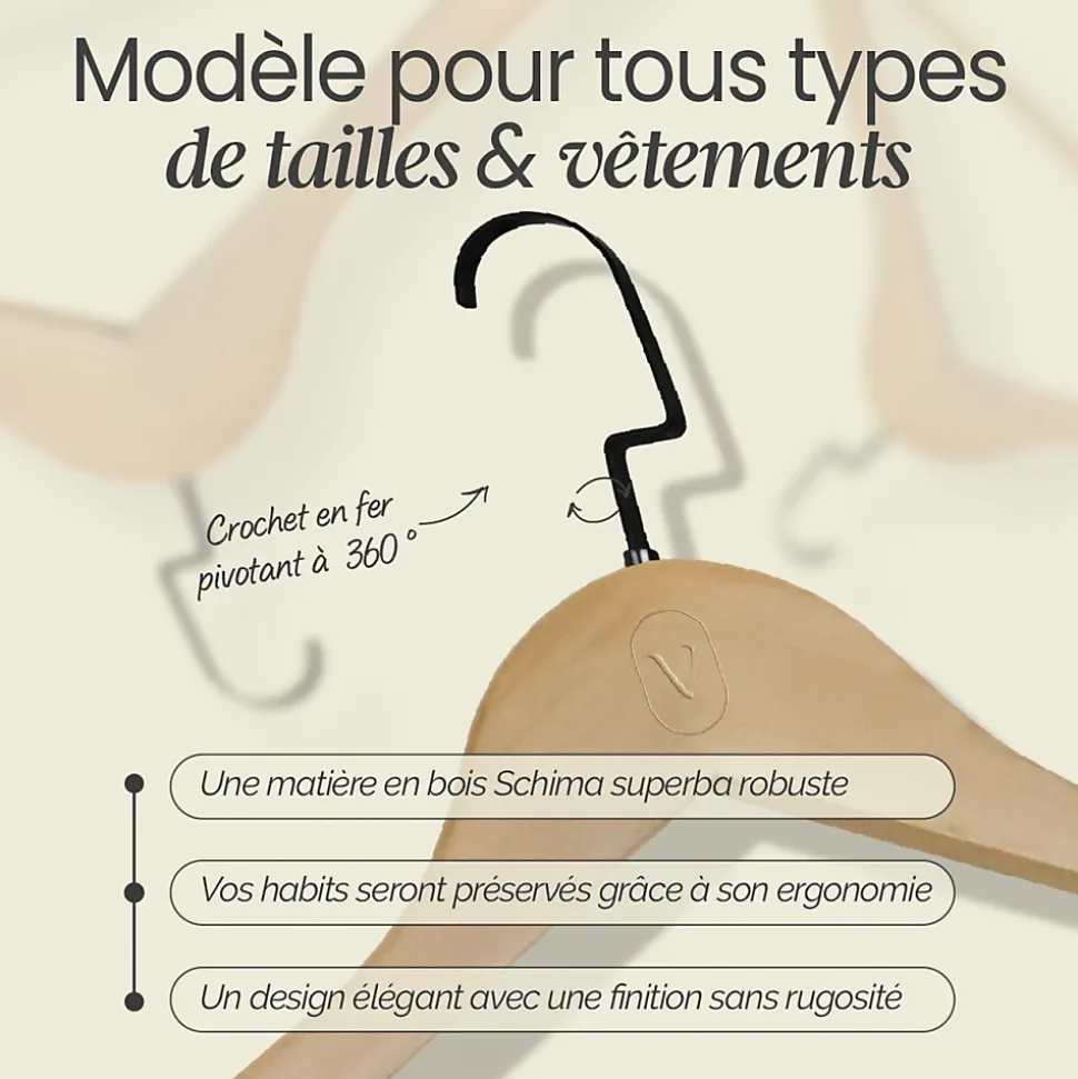 Lot de 40 cintres 44.5 cm pour vêtements adulte premium + avec crochet pivotant à 360 degrés - Bois clair - Vivezen