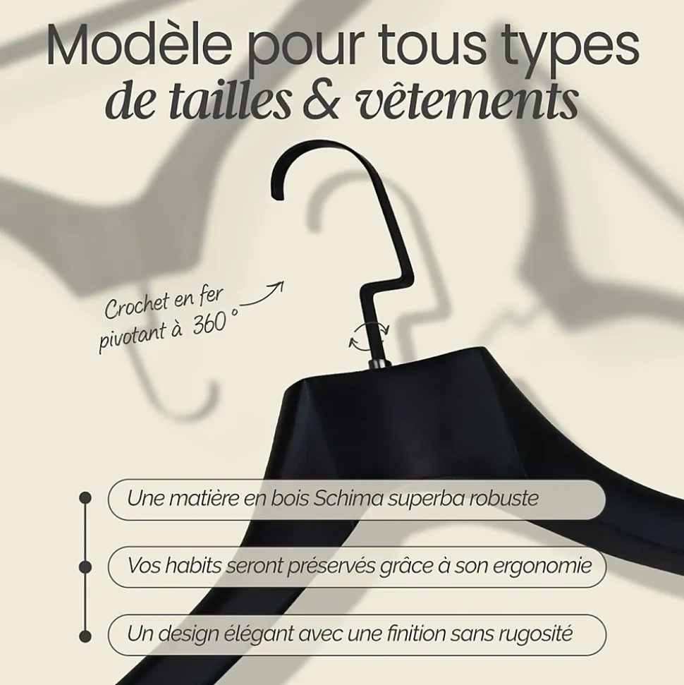 Lot de 12 cintres 44.5 cm pour manteau adulte premium avec crochet pivotant à 360 degrés - Noir - Vivezen