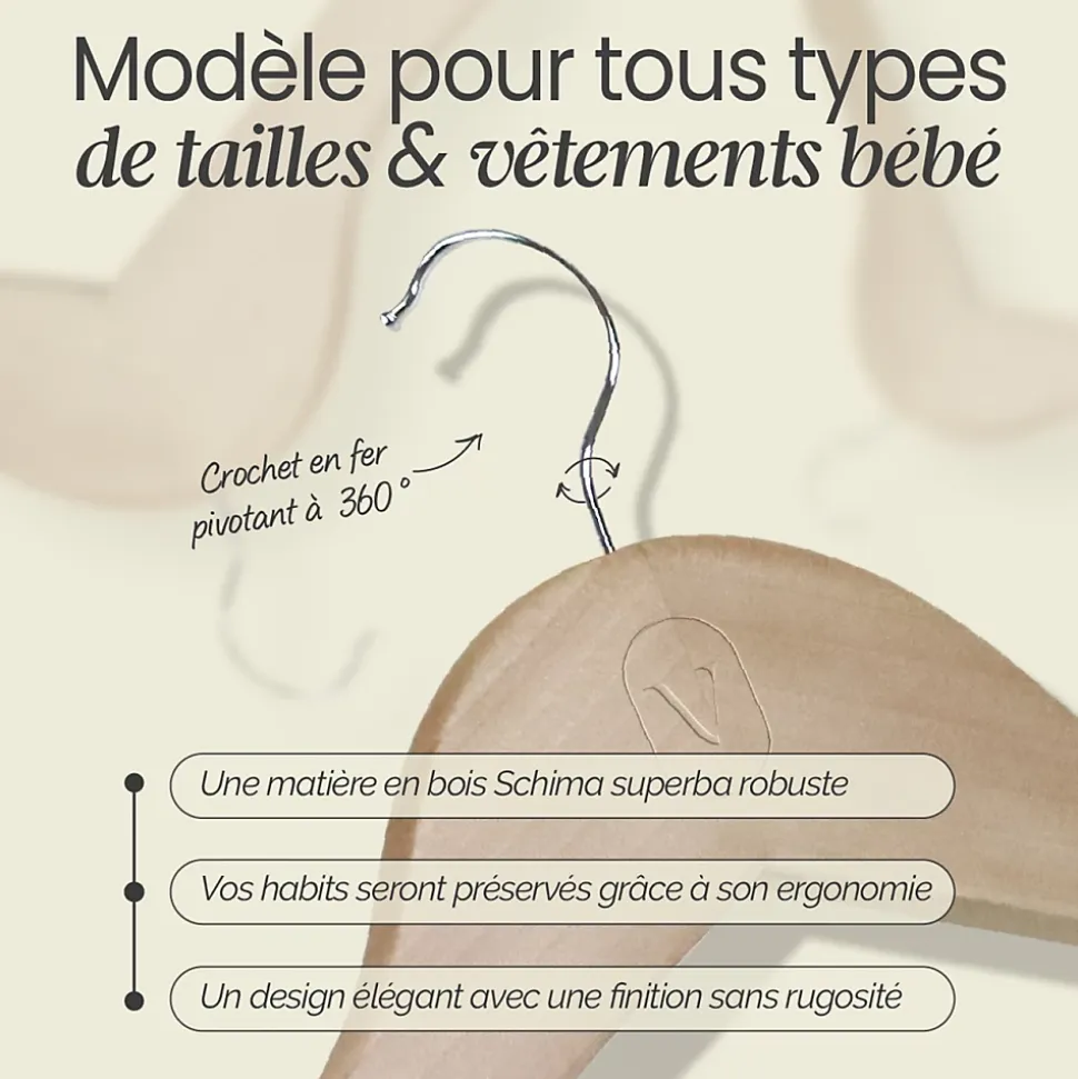 Lot de 20 cintres 28.5 cm pour vêtements bébé avec crochet pivotant à 360 degrés - Bois clair - Vivezen