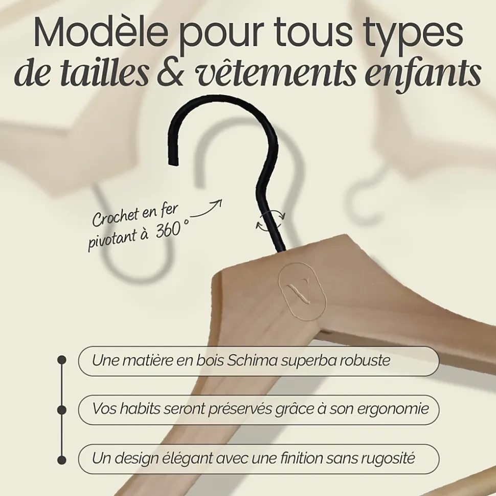 Lot de 20 cintres 32 cm pour vêtements enfant premium avec crochet pivotant à 360 degrés - Bois clair - Vivezen