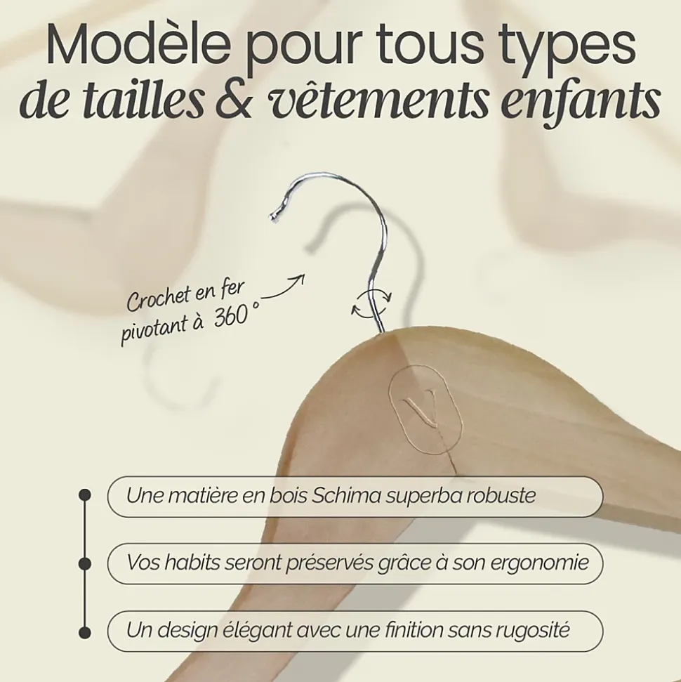Lot de 10 cintres 32.5 cm pour vêtements enfant avec crochet pivotant à 360 degrés - Bois clair - Vivezen