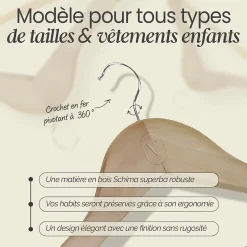 Lot de 20 cintres 32.5 cm pour vêtements enfant avec crochet pivotant à 360 degrés - Bois clair - Vivezen