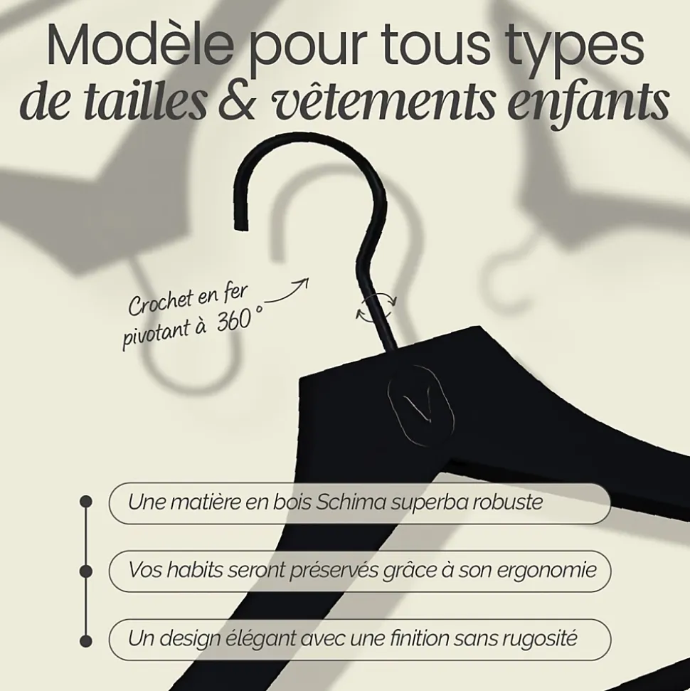 Lot de 10 cintres 32 cm pour vêtements enfant premium avec crochet pivotant à 360 degrés - Noir - Vivezen