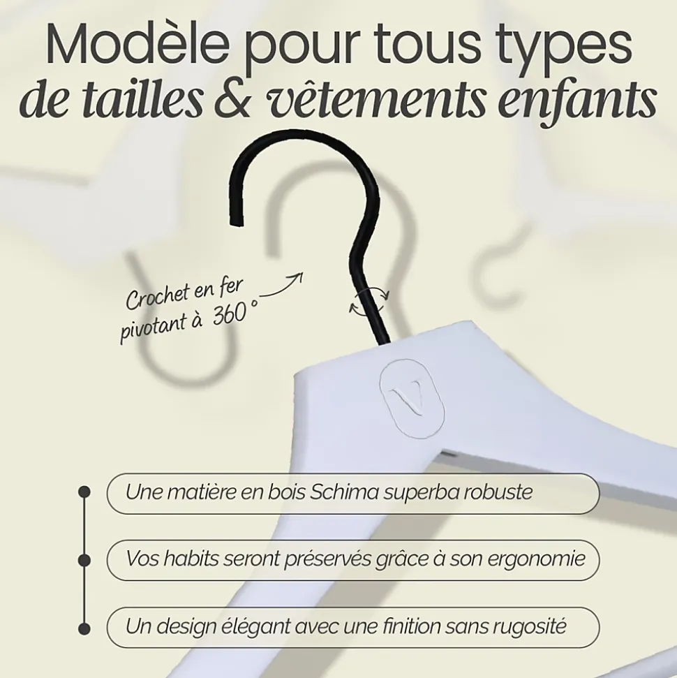 Lot de 20 cintres 32 cm pour vêtements enfant premium avec crochet pivotant à 360 degrés - Blanc - Vivezen