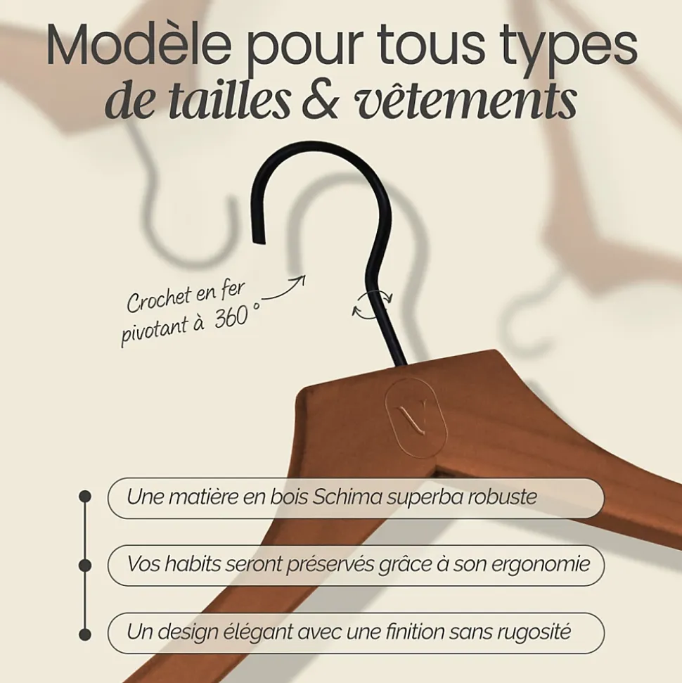 Lot de 10 cintres 44.5 cm pour vêtements adulte premium avec crochet pivotant à 360 degrés - Bois foncé - Vivezen