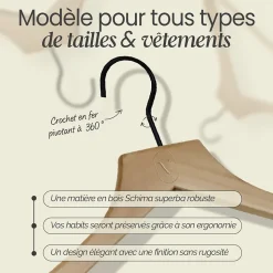 Lot de 10 cintres 44.5 cm pour vêtements adulte premium avec crochet pivotant à 360 degrés - Bois clair - Vivezen