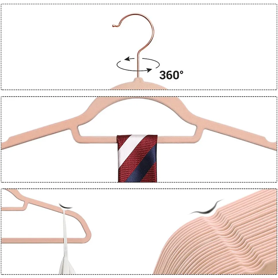 Lot de 50 cintres Antidérapants en velours Rose avec Crochets Pivotants