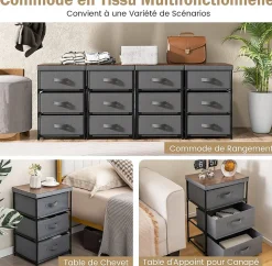 Lot de 2 Commodes de Rangement 3 Tiroirs, avec Tiroirs en Tissu, avec Tiroirs Amovibles et Pliables (30P x 40l x 62H cm)