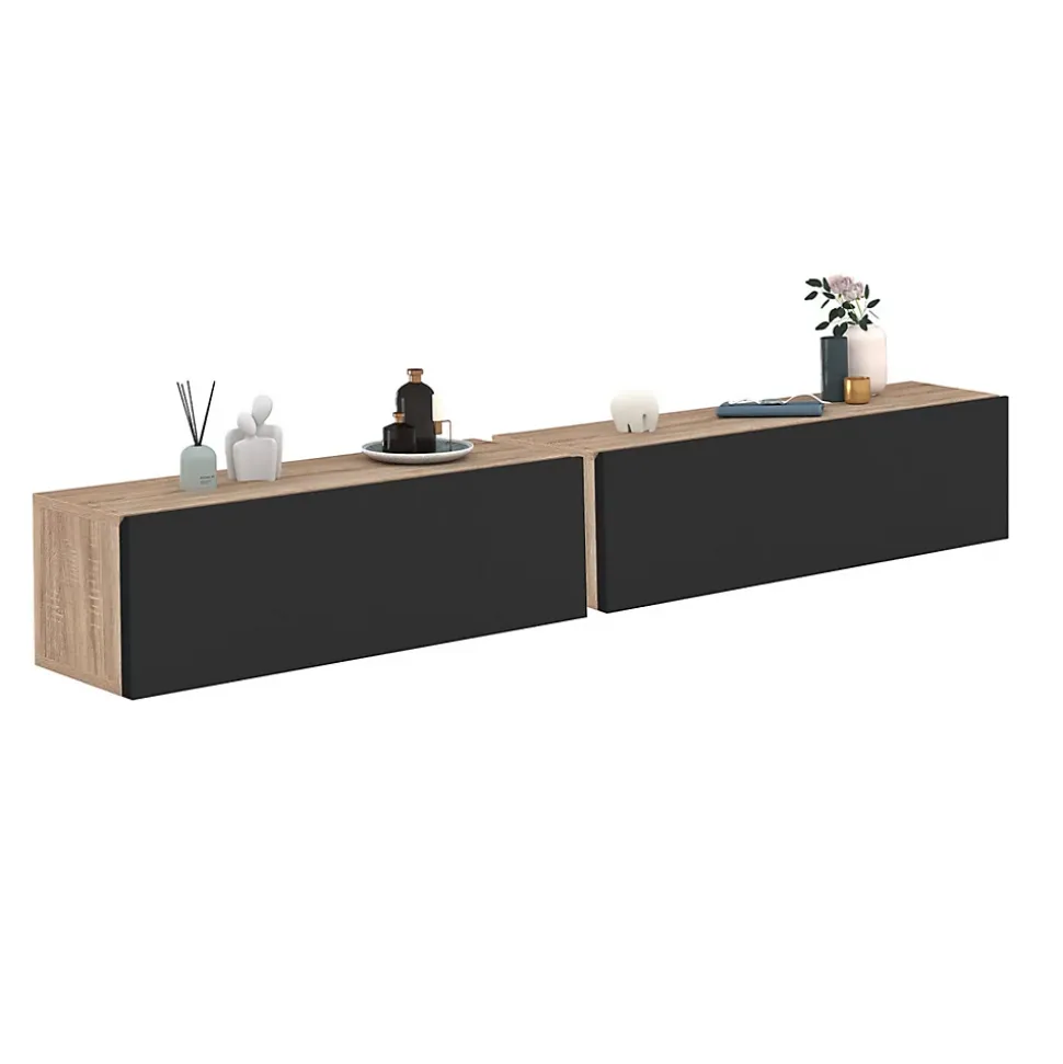 Lot de 2 consoles suspendues étagères murales ELYOS 1 porte bois et noir