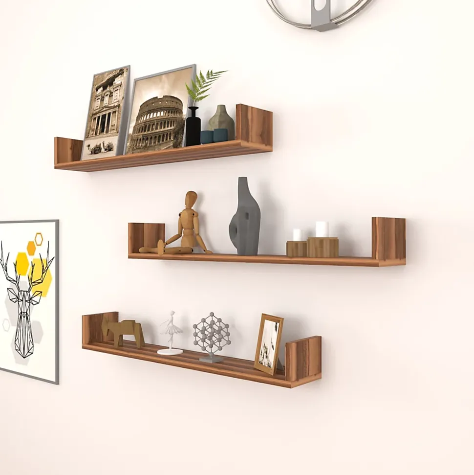 Lot de 3 Etagères murales Höganäs 12 x 90 x 15 cm effet noyer en.casa
