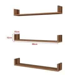 Lot de 3 Etagères murales Höganäs 12 x 90 x 15 cm effet noyer en.casa