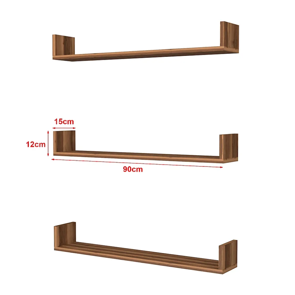 Lot de 3 Etagères murales Höganäs 12 x 90 x 15 cm effet noyer en.casa