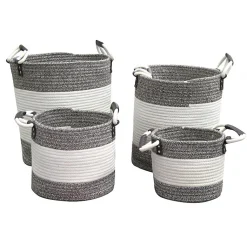 Lot de 4 paniers rond en corde de coton marron et blanc - COTON