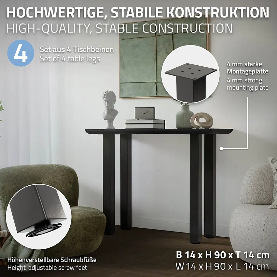 Lot de 4 pieds de table ML-Design H90 cm gris foncé en acier industriel profil carré 8x8 cm I-design