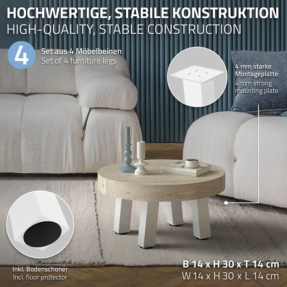 Lot de 4 pieds de table ML-Design H30 cm blanc brillant inclinés 96 degrés en acier profil 8x8 cm design I