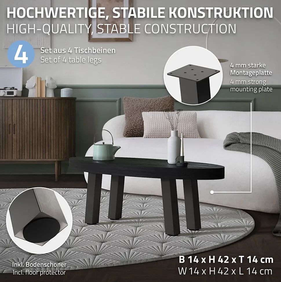 Lot de 4 pieds de table ML-Design H42 cm gris foncé inclinés en acier profil 8x8 cm design I