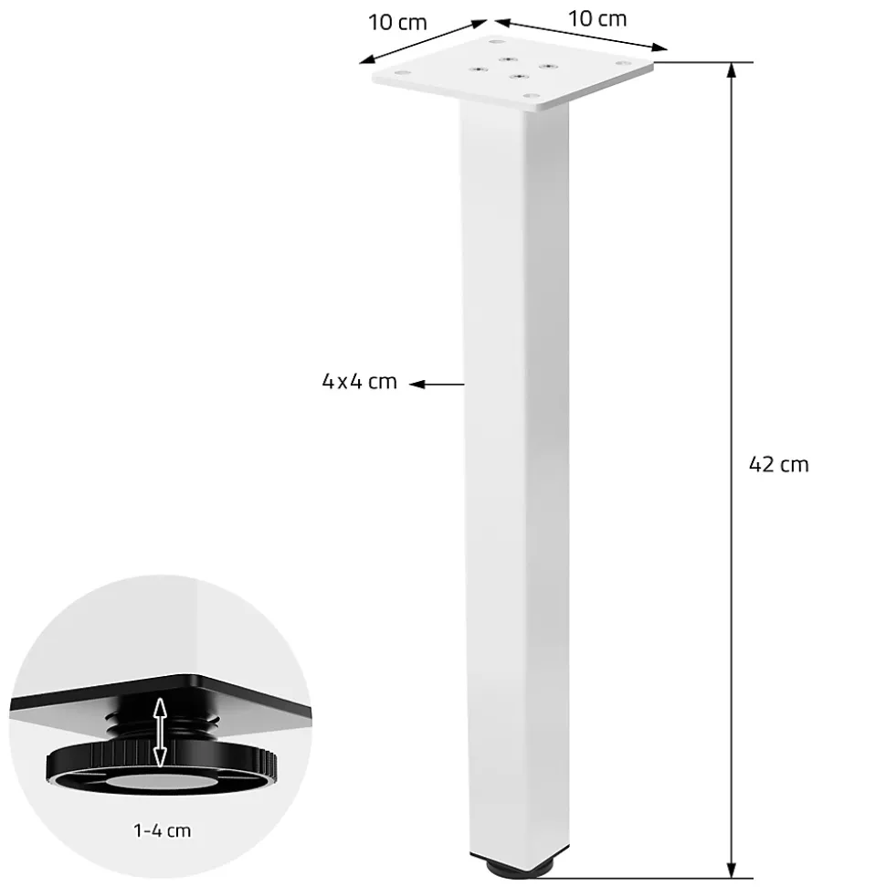 Lot de 4 pieds de table ML-Design H42 cm blanc brillant en acier profil carré 4x4 cm I-design