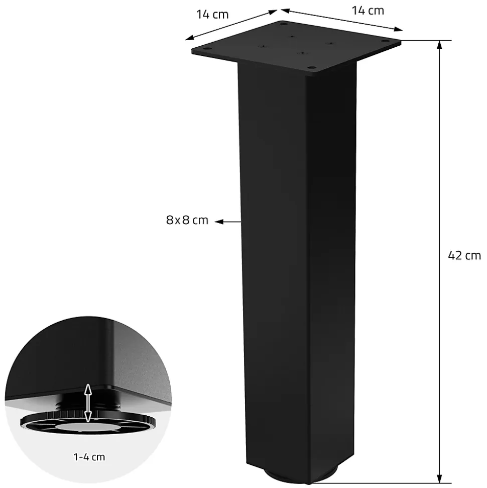 Lot de 4 pieds de table ML-Design H42 cm noir brillant en acier profil carré 8x8 cm I-design