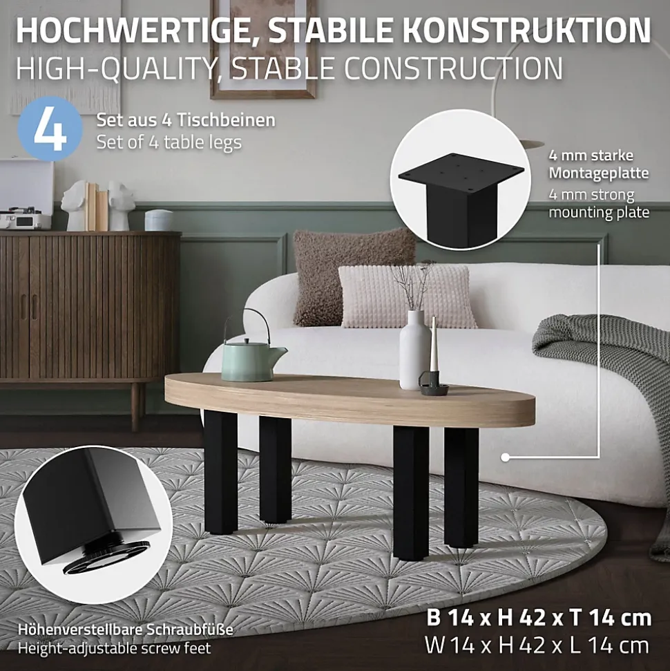 Lot de 4 pieds de table ML-Design H42 cm noir brillant en acier profil carré 8x8 cm I-design